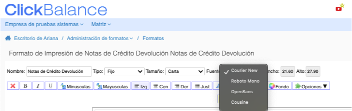 Formato impresión tipo de letra