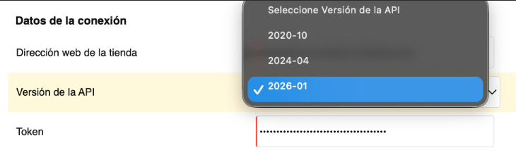Conexión con tienda Shopify versión 2026-01