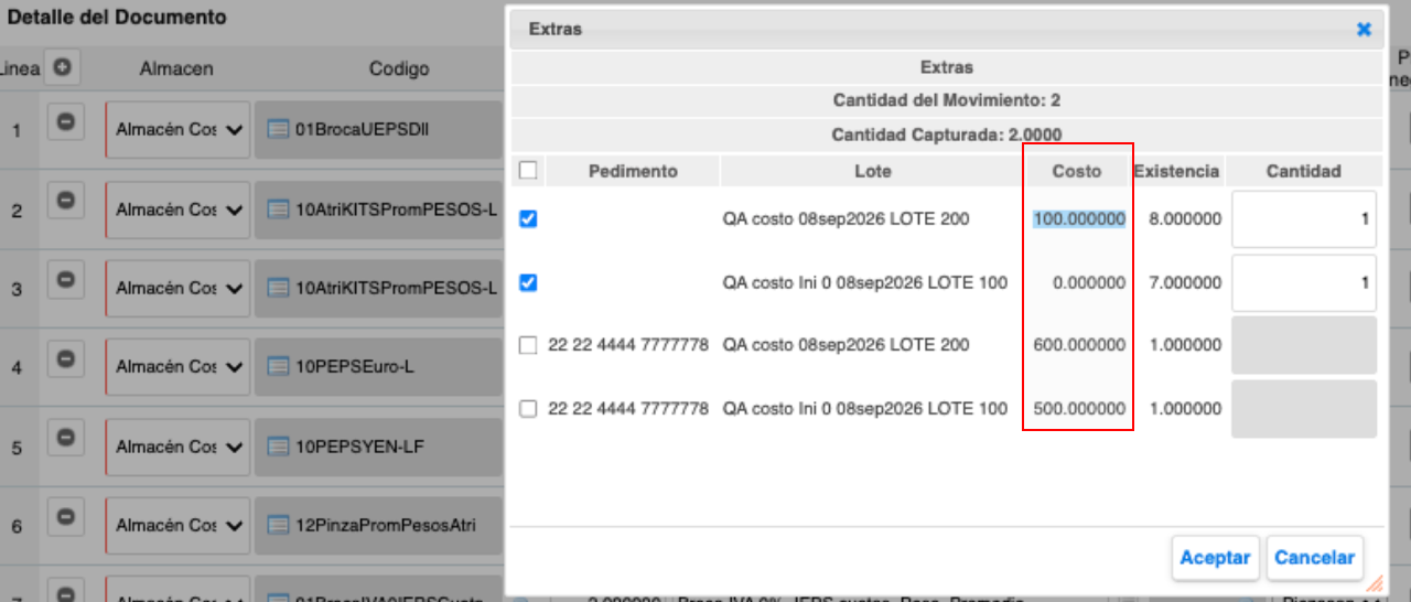 Documento Venta - Costo por lote