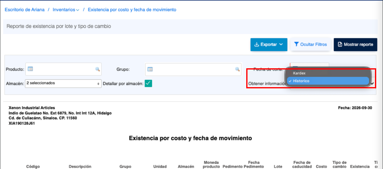 Existencias y costos histórico