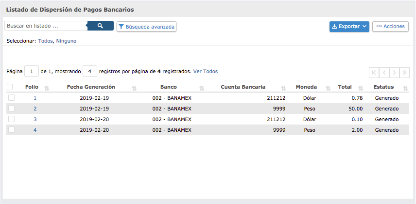 Dispersión bancaria - Archivos generados