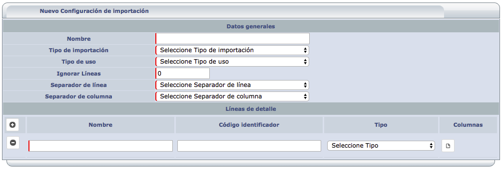 Nuevo Configuración de importación