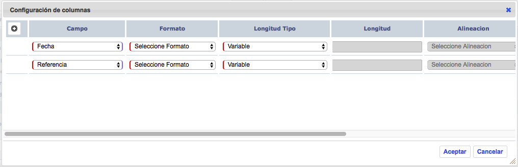 pantalla emergente Configuración de Columnas