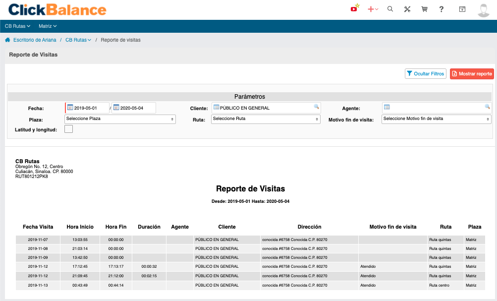 CB Rutas - Reporte de visitas