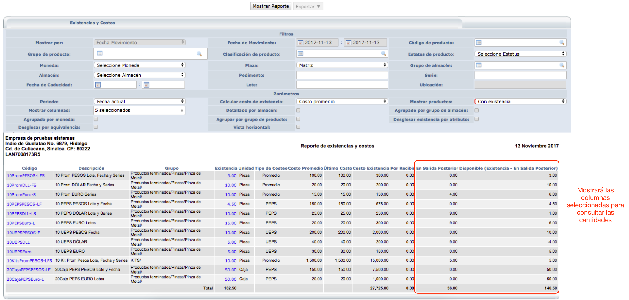 Existencias y costos - Resultados