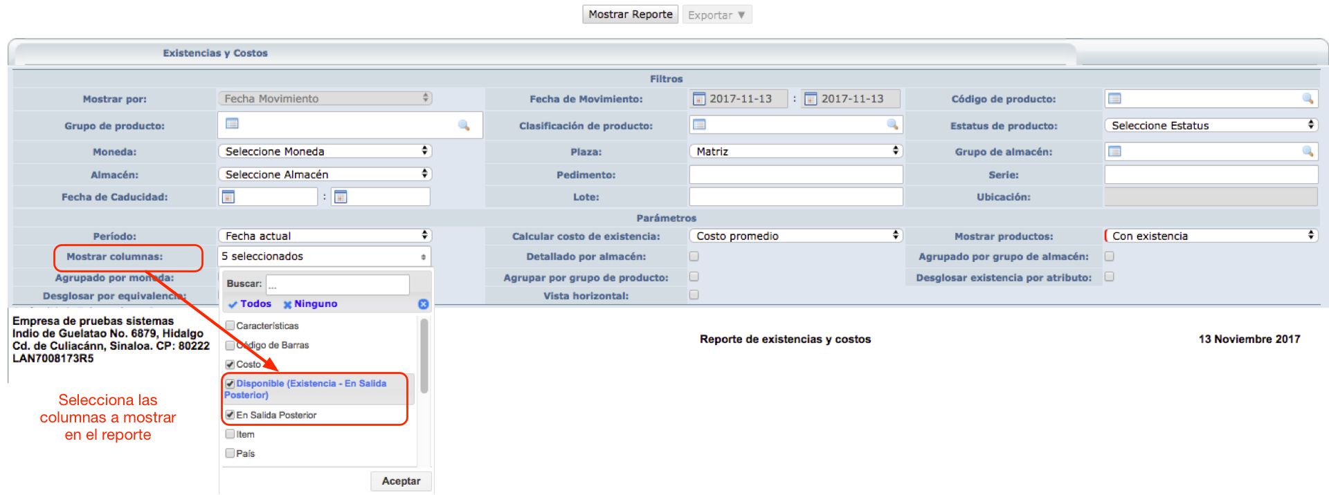 Existencias y costos - Nuevas columnas