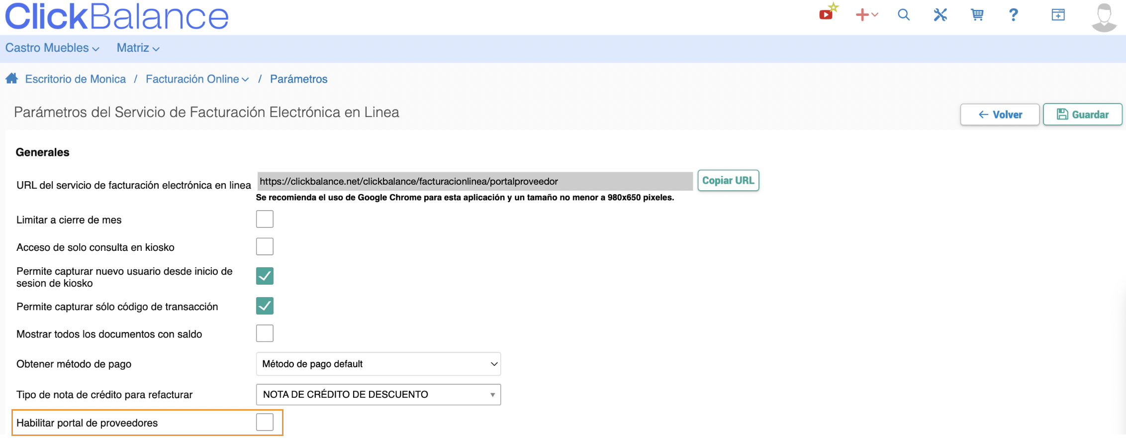 Facturacion online parametros