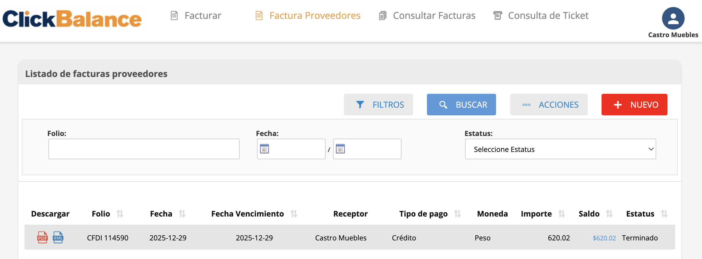 Listado de facturas proveedores