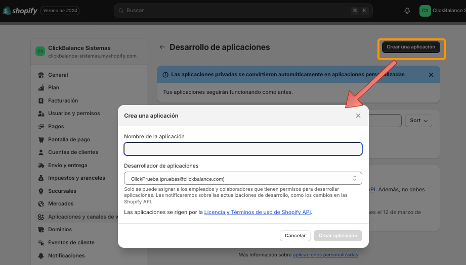 Shopify crea app privadas