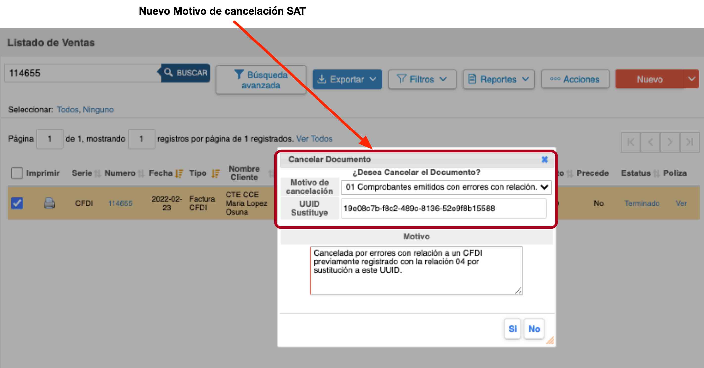 Nuevo motivo cancelación SAT